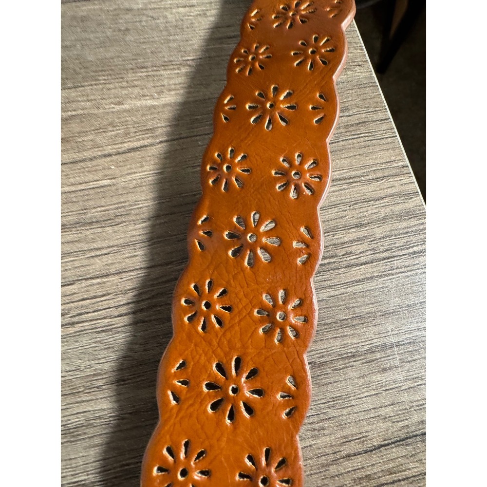 Cognac Brown Scalloped Floral Cutout Belt Silver Buckle 2XL Leather‎ Lining - Picture 9 of 12